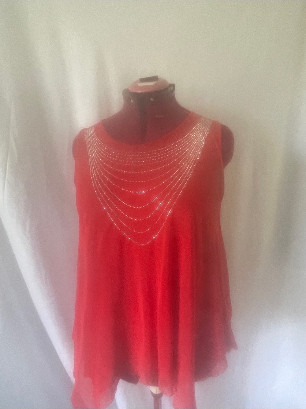 Red Beaded Draped Neck Sleeveless Top